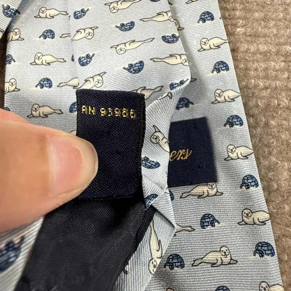 Brooks Brothers Makers Mens Silk Tie Light Blue Seal Igloo Novelty Print USA